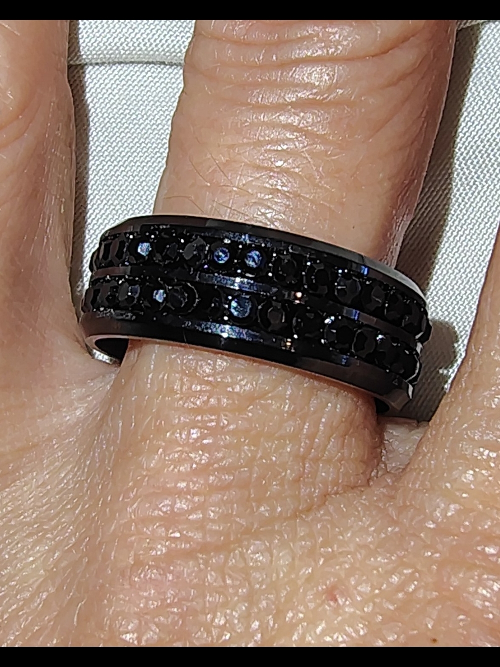 Size 9 Black Stainless Steel Double Row Crystal Band Ring